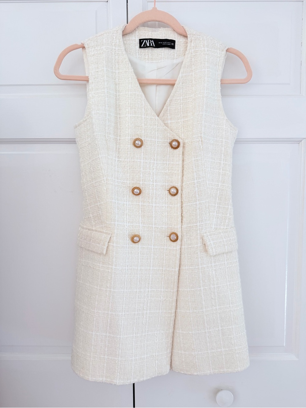 Zara Cream Tweed Sleeveless Double-Breasted Dress